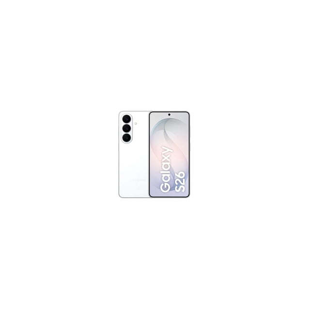 smartphone samsung galaxy s26 dual 512gb 12ram blanco vista frontal y trasera centrada; pantalla AMOLED 6.2 pulgadas FHD+ 120Hz con orificio de cámara frontal centrado, trasera blanca con módulo vertical triple (principal 50 MP, ultra gran angular y telefoto) y flash; 5G y lector de huella en pantalla; tamaño compacto, a menudo usado para control móvil en viaje.