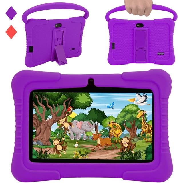 veidoo tableta android para niños de 7 pulgadas, almacenamiento ram de 2 gb y 32 gb, tableta de aprendizaje para niños, parental, tableta para niños pequeños con funda de silicona (púrpura) — Vista frontal centrada con pantalla 7" (1024 x 600 IPS) mostrando ilustración de animales; funda púrpura de silicona con bordes acolchados y esquinas reforzadas, cámara frontal visible, soporte trasero ajustable y asa de transporte; también suele usarse para ver videos educativos con manos libres.