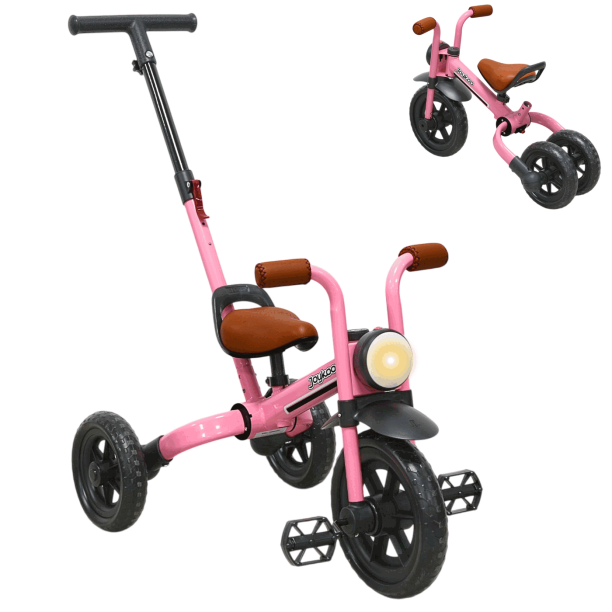 Triciclo 3 en 1 para Niños con Bastón, Bici y Bicicleta de Balance Plegable Torreta con Luz Soporta hasta 25 kg - Rosa