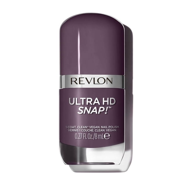 esmalte para uñas revlon ultra hd snap grounded 8 ml Vista frontal centrada del frasco de vidrio con tapa curva color púrpura oscuro Grounded, banda plateada con logo Revlon, etiqueta 'ULTRA HD SNAP' y leyenda 8 ml visible; brillo y cobertura en una sola capa, adecuado para manicura diaria y práctico para retoques en viajes.