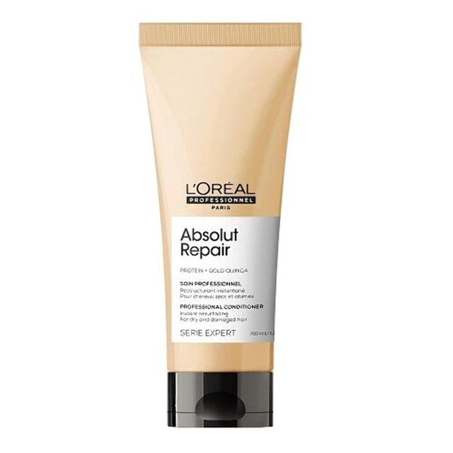 acondicionador reparador cabello dañado 200 ml l'oreal loreal complemento nutritivo Tubo frontal beige y blanco de 200 ml L'Oréal Absolut Repair Serie Expert; envase plástico con tapa negra, etiqueta legible, formulado para cabello fino muy dañado con acabado ligero y aroma suave.