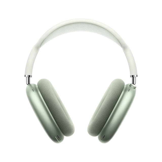airpods max apple mgyn3am/a verde Auriculares circumaurales Apple en verde, vista frontal centrada con diadema acolchada de malla blanca y copas metálicas verdes con almohadillas texturizadas; bisagras de acero y controles integrados visibles sobre fondo blanco; suelen usarse también para monitorización personal en viajes.