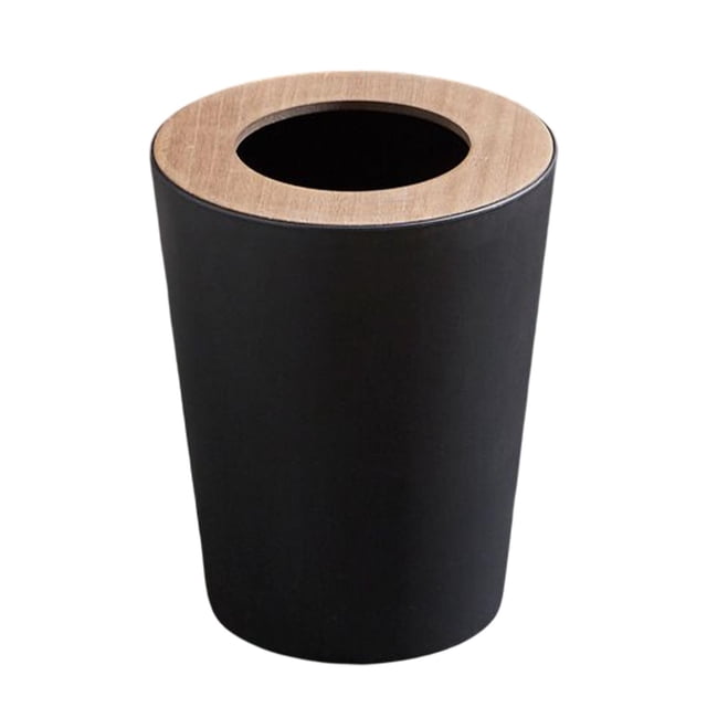 botes de basura para interiores, botes de basura redondos sin tapa, botes de basura para baño, papeleras 9l negro Vista frontal centrada de bote redondo 9L en PVC negro con abertura circular grande y borde superior tipo semi tapa en madera clara; cuerpo cónico de paredes lisas, sin tapa, apto para baño, oficina o dormitorio.