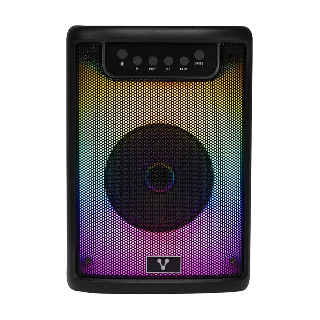 bocina vorago karaoke ksp-205 10 watts recargable 3.5mm bluetooth 5.3, usb, micro sd, negro vista frontal de la bocina con rejilla frontal que muestra iluminación multicolor RGB, cono central del altavoz visible, panel superior con cinco botones circulares y control de bass, logotipo Vorago en la parte inferior, carcasa negra. Suele usarse también para eventos pequeños en casa.