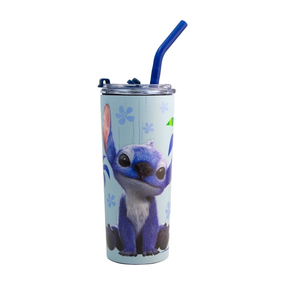 Termo Doble Pared con Acabado Mate, Diseño Stitch Live Action “Ohana”, Termo Bebidas Calientes y Frías con Dos Formas de Beber, Popote Flexible y Boquilla, Capacidad 600ml