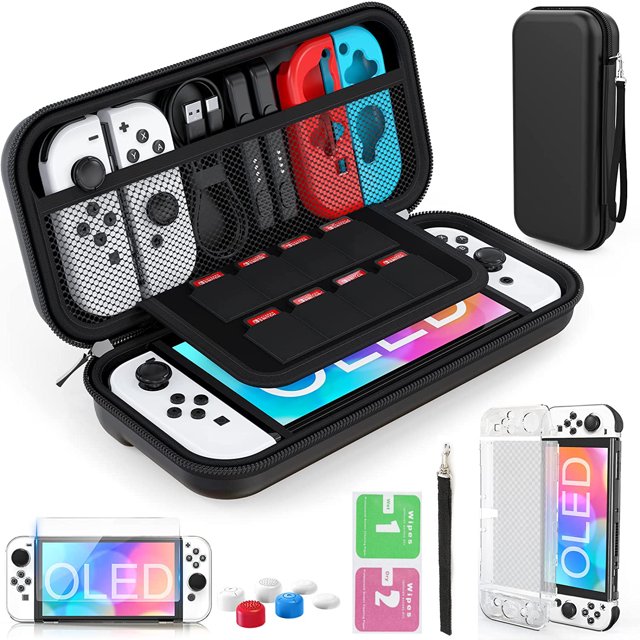 Funda de transporte para Switch OLED, kit de accesorios 11 en 1 para Nintendo Switch OLED con funda protectora rígida transparente, protector de pantalla HD para Switch y tapas para los pulgares