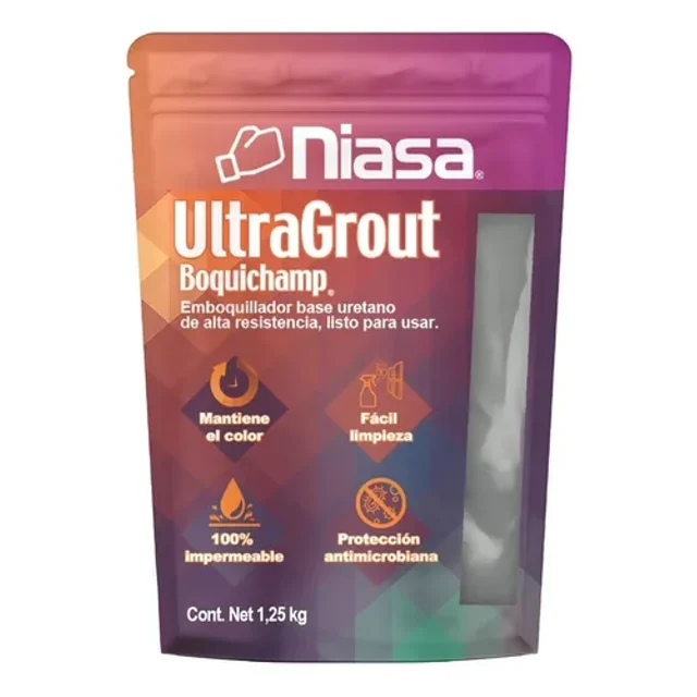 boquilla ultragrout gris 1.25 kg niasa Bolsa stand-up frontal con logo NIASA; emboquillador base uretano gris listo para usar, peso neto 1.25 kg impreso en la base. Etiqueta muestra íconos de mantenimiento de color, fácil limpieza, 100% impermeable y protección antimicrobiana; ventana plástica vertical a la derecha que deja ver el material; ideal para juntas desde 1.6 mm en pisos, muros y techos y a menudo usada para retoques exteriores.