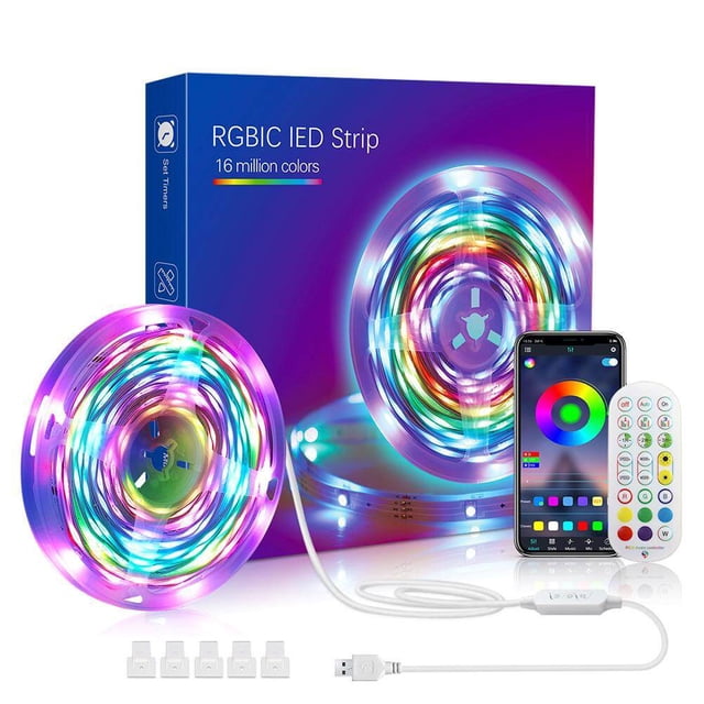 tiras de luces led rgb e ic, 5m sincronización de música luces que cambian de color con temporizador, 213 modos, tira de luz USB de 5 metros enrollada con cable USB blanco, control remoto y app móvil con rueda de color. Bobina en PVC con perlas SMD 5050 y DC 5V; IC permite efectos arcoíris y colores por zonas, ideal para iluminar TV, monitor o PC y a menudo usada para ambientar espacios de streaming.