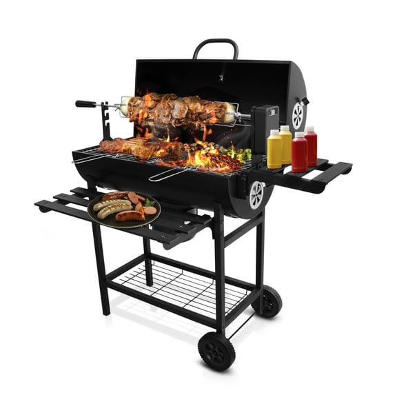 Asador de carbón Tipo barril  Acero Inoxidable con Spiedo Eléctrico y Ruedas