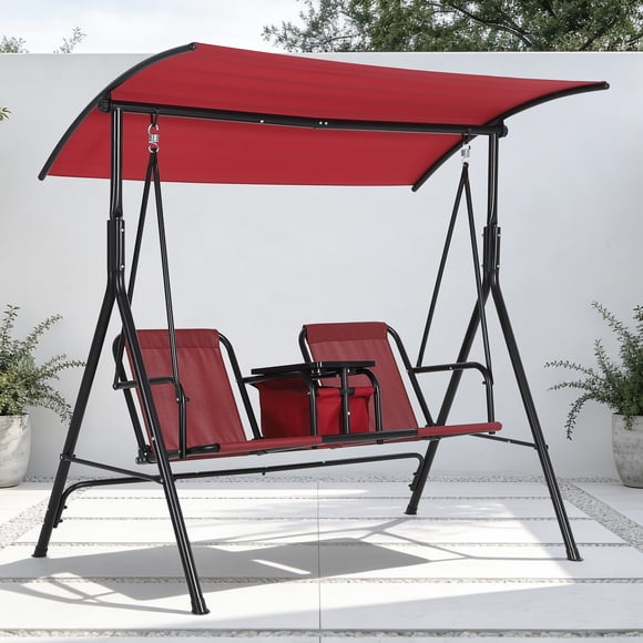 Columpio de jardín para 2 personas - Estructura de acero robusta - Toldo ajustable - Portavasos, mesa giratoria y bolsa térmica - Perfecto para patio, balcón o piscina - Color rojo