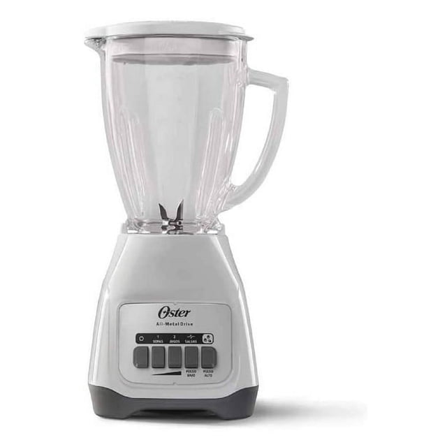 licuadora oster vidrio 1.25 litros 550w blstkag-wpb-013 licuadora blanca con vaso de vidrio de 1.25 L, motor de 550 W y base compacta; panel frontal con dos velocidades y pulso, acople metálico y cuchilla para triturar hielo. Vista frontal sobre fondo blanco; vaso resistente a choques térmicos apto para preparar sopas calientes y salsas.