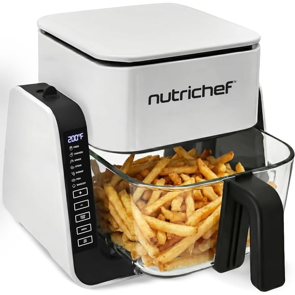 Freidora de Aire y Parrilla Electrica NutriChef, Olla de Vidrio Transparente 2 en 1 de 4 Litros Y Diseño de Doble Nivel, 7 Modos, Acero Inoxidable