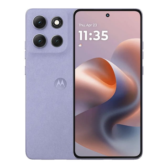 motorola moto g86 power 5g 256gb dual sim 8gb ram lila vista frontal y trasera centrada; smartphone púrpura con pantalla pOLED de 6.67" y orificio para cámara frontal, panel trasero texturizado con módulo de cámara visible y flash, logo Motorola en el centro del reverso, marco delgado. Smartphone desbloqueado con Android 15, 256GB de almacenamiento, 8GB de RAM y batería de 6720 mAh según especificaciones; a menudo usado también como dispositivo de entretenimiento por sus parlantes estéreo con Dolby Atmos.