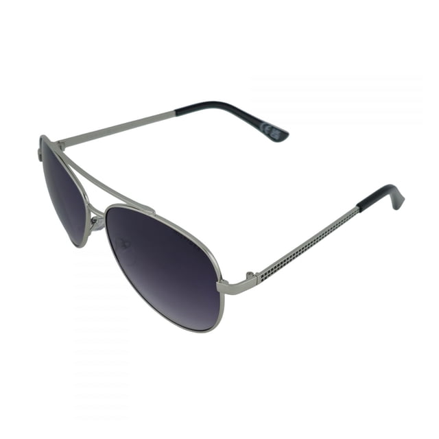 gafas tommy hilfiger eyewear outlook x60104 lentes de sol mujer Plateado con montura aviador metálica y doble puente, lentes degradados con filtro UV; varillas perforadas con logo sutil y puntas negras, vista 3/4 sobre fondo blanco; también suelen usarse para viajes por su tamaño compacto.