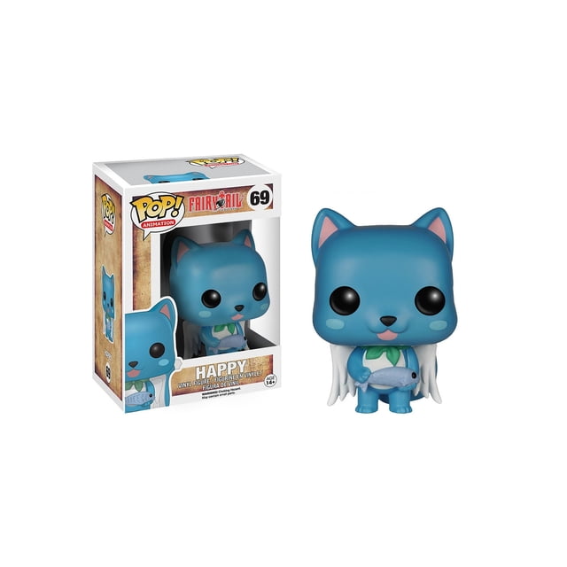 figura de acción funko pop anime fairy tail happy, 9,5 cm Funko POP coleccionable de Happy de Fairy Tail; vista frontal centrada de vinilo azul con cabeza sobredimensionada, ojos negros grandes, leve rubor en mejillas, capa blanca y pañuelo verde que sostiene un pez; caja con ventana y número 69 a la izquierda.
