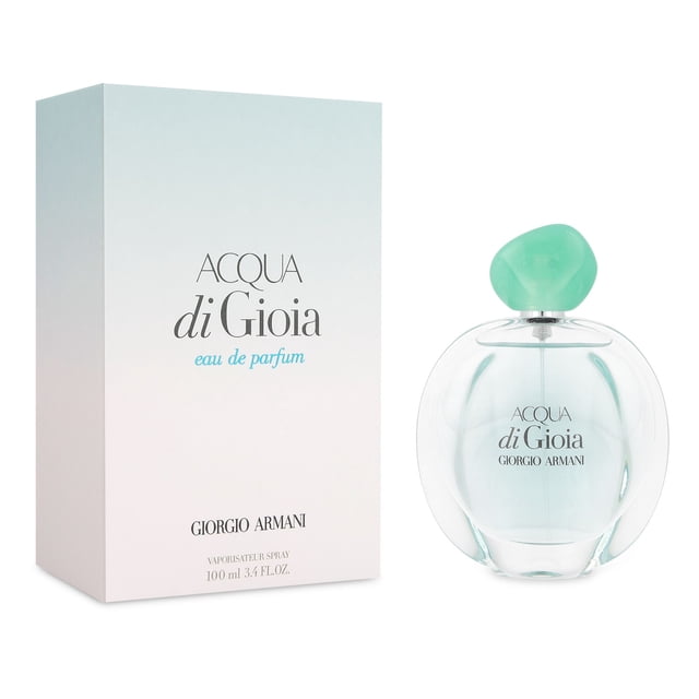 acqua di gioia 100 ml edp spray botella y caja frontal; fragancia floral acuática de Giorgio Armani, botella redondeada de vidrio transparente con líquido verde pálido y tapa turquesa irregular, caja blanca con degradado verde y texto de marca. A menudo se usa como regalo.