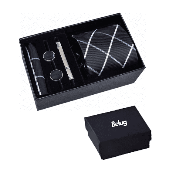 Classic Set Corbata Pañuelo Mancuernilla Hombre 5 Piezas negra rallada Belug Negro