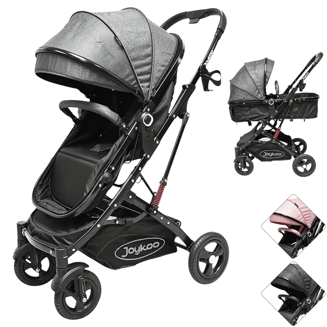 carriola para bebé con asiento reversible convertible a bambineto ruedas de goma plegable cinturón de 5 puntos - gris, vista 3/4 frontal con toldo amplio desplegado y asiento reclinable; chasis de acero con canastilla inferior y logo Joykoo, ruedas de goma delanteras 360° y traseras con freno, posabrazos acolchado desmontable, portavasos lateral y bolsa cubrepiés; plegable con una mano, capacidad 15 kg (85 x 52 x 106 cm); también suele usarse para transportar bolsos o accesorios de paseo.