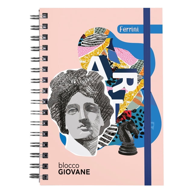 agenda premium pasta dura italiana ferrini blocco giovanni a5 Rosa A5 (21 x 15 cm) tapa dura con doble espiral, vista frontal 3/4; portada rosa con collage gráfico y cabeza escultórica en blanco y negro, letras blancas grandes "AR", banda y liga elástica azul; 128 hojas, planner sin fecha con secciones para metas, tareas y notas, ideal para escuela, oficina o diario de viaje.