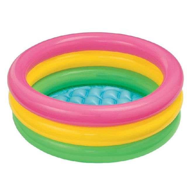 piscina para bebé de 60cm/90cm/120cm, piscina inflable redonda de PVC de 3 colores con arcoíris; vista frontal centrada de tres aros rosa, amarillo y verde y fondo acolchado azul, adecuada para patio, jardín o playa, y a menudo usada para juegos sensoriales infantiles.