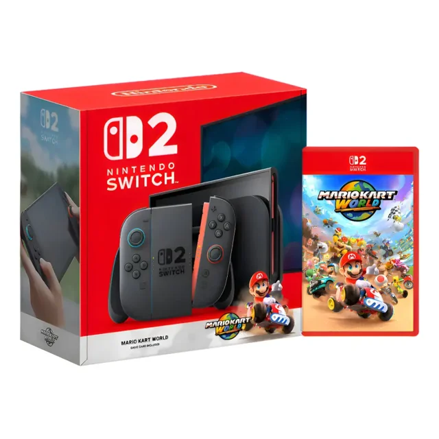 consola nintendo switch 2 256gb bundle mario kart world juego físico consola Nintendo Switch 2 gris con Joy-Con negro con acentos azul y rojo, vista frontal centrada con dock detrás, caja roja del producto y estuche físico de Mario Kart World a la derecha; controles ergonómicos visibles y pantalla portátil apagada, diseñada para juego portátil o en TV y partidas multijugador.