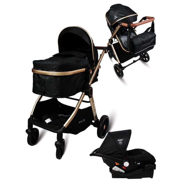 carriola paseo de lujo con asiento para carro noni is-999l Carriola estándar negra con bambineto desmontable y asiento para carro (car-seat) con base; vista 3/4 que muestra capota, pañalera lateral, ruedas delanteras giratorias y cesta inferior. Diseño vanguardista; también suele usarse para viajes cortos en ciudad.
