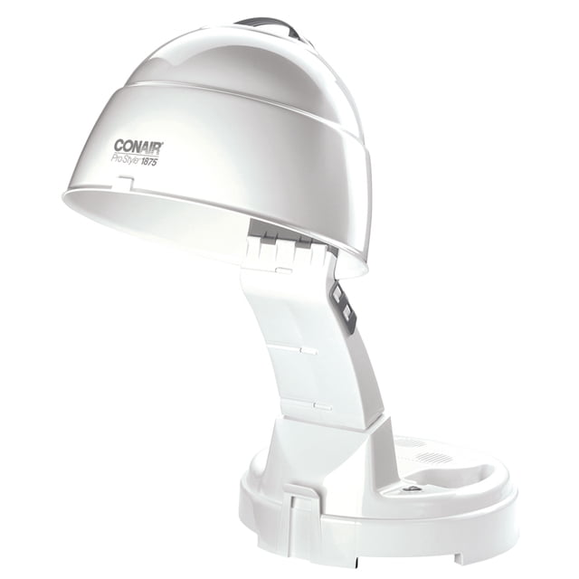 secador de pelo tipo casco conair pro style b0320 blanco, vista 3/4 con campana extragrande abierta y asa superior, brazo plegable y ajustable con controles de altura y calor, base con botones y espacio para cable; diseño pensado para secado uniforme y a menudo usado para tratamientos capilares en casa.