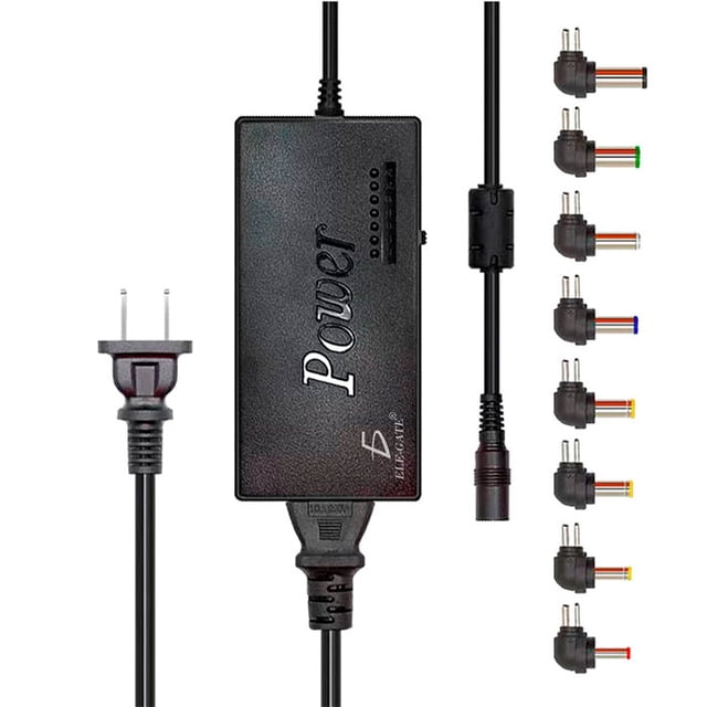 cargador universal laptop voltaje variable 8 puntas 12 – 24v adaptador negro ELEGATE, vista frontal centrada del bloque rectangular con texto "Power", cable con clavija tipo A y cable de salida con conector; ocho puntas intercambiables alineadas a la derecha con anillos de color, selector y fila de LEDs que muestran ajuste de 12–24 V; suele usarse como reemplazo o para viajes.