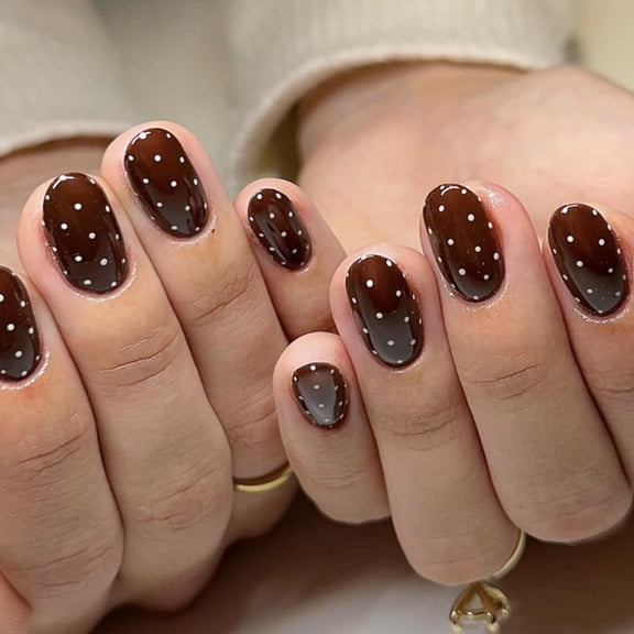 Uñas Postizas SXVME Marrón Oscuro con Lunares y Diseño Reutilizable de Gel Brillante