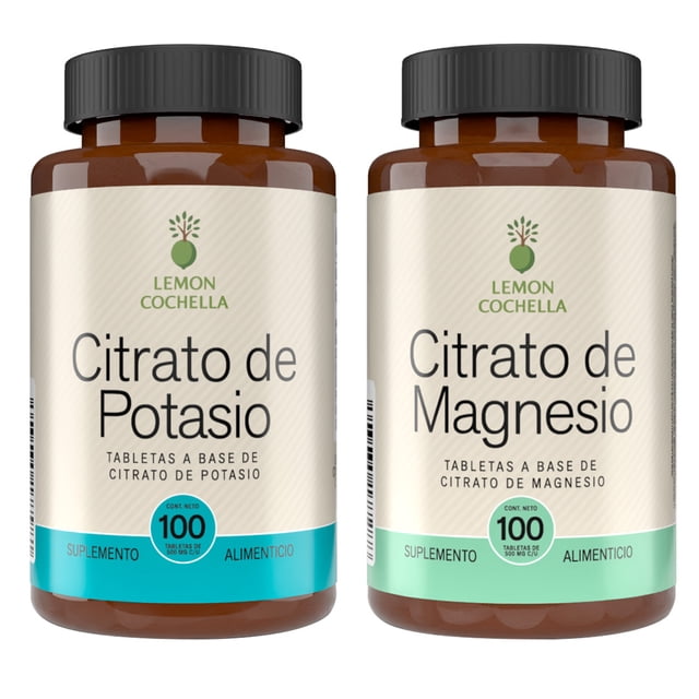 combo citrato de magnesio y citrato de potasio frascos frontales LEMON COCHELLA, dos suplementos minerales marrón con tapas negras, etiquetas crema con texto 'Citrato de Potasio' y 'Citrato de Magnesio', sello visible '100 tabletas' y franja turquesa; indicación en etiqueta: tomar una tableta en cada alimento.