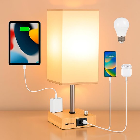 Lampara de Buro, Lámpara de Noche con Puerto USB+C, Salida CA, Incluye Bombilla, Regulador de Intesidad, Uso de Computadora, Lectura (Madera, 1 pieza)