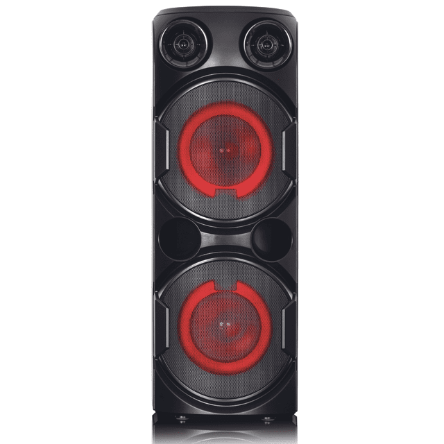 bocina amplificada rca dba765bt portable bluetooth 50w rms con luces led y batería recargable. Vista frontal vertical con doble woofer de 6.5" iluminado en rojo tras rejillas metálicas, dos tweeters de 1.5" en la parte superior y carcasa negra; muestra puertos de bajos y detalles metálicos. Soporta Bluetooth, USB, SD, TWS, FM y entrada auxiliar; batería integrada, apta para ambientar fiestas y reuniones.