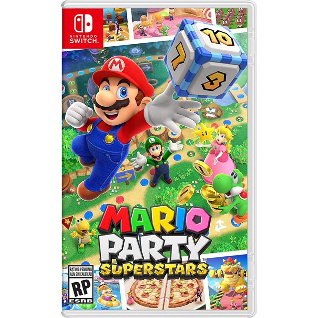 mario party superstars nintendo nintendo switch estuche frontal del videojuego con Mario lanzando un dado grande, Luigi, Peach y Yoshi sobre un tablero colorido con monedas y estrellas, logo de Nintendo Switch en la esquina superior izquierda y el título "Mario Party Superstars" en la parte inferior.