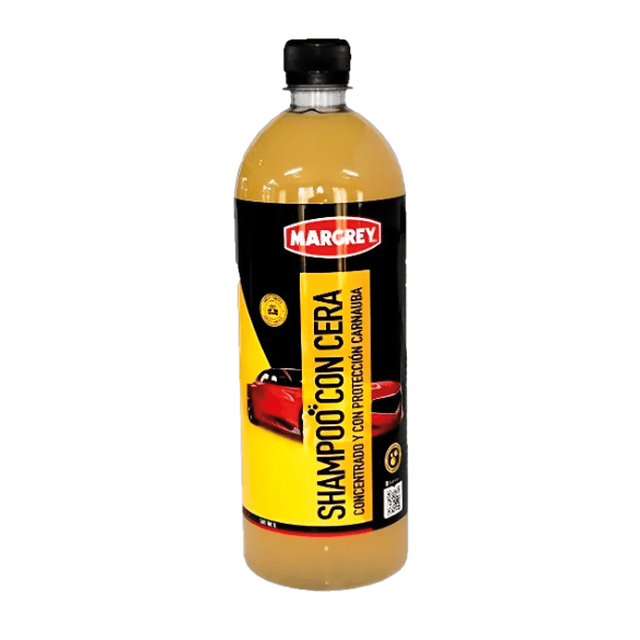 shampoo con cera platinum auto moto 1lt alta espuma margrey Botella frontal de 1 L con líquido amarillo, etiqueta negra y amarilla con logo Margrey; texto vertical 'Shampoo con Cera' y gráfico de auto rojo; envase plástico con tapa negra, vista centrada sobre fondo blanco; indicado para limpieza profunda y brillo duradero en carrocerías.
