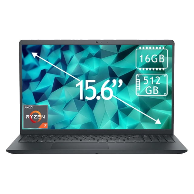 laptop dell 15.6" touch ryzen 7 16gb 512gb a813blk-pus frontal, pantalla táctil 15.6" FHD, carcasa negra y teclado integrado; etiquetas visibles: AMD Ryzen 7, 16GB RAM y 512GB SSD; vista centrada sobre fondo blanco; suele emplearse como notebook portátil para estudio y trabajo ligero.