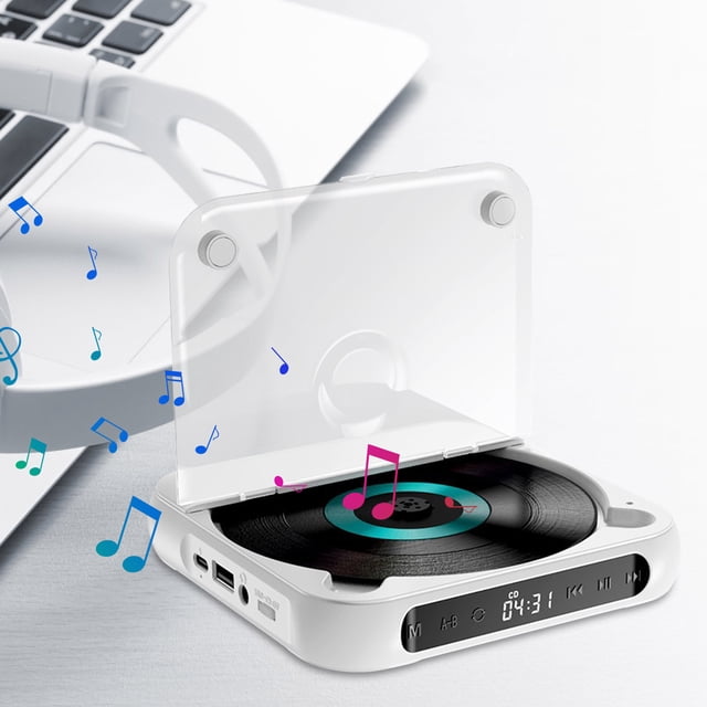 xihbxyly reproductor de cd portátil blanco con conectividad bluetooth, diseño a prueba de golpes y hasta 7 horas de reproducción; vista frontal con tapa transparente abierta mostrando un disco, panel frontal con pantalla digital y controles, puertos laterales y carcasa compacta ideal para transporte; suele usarse también como reproductor de música portátil para viajes.