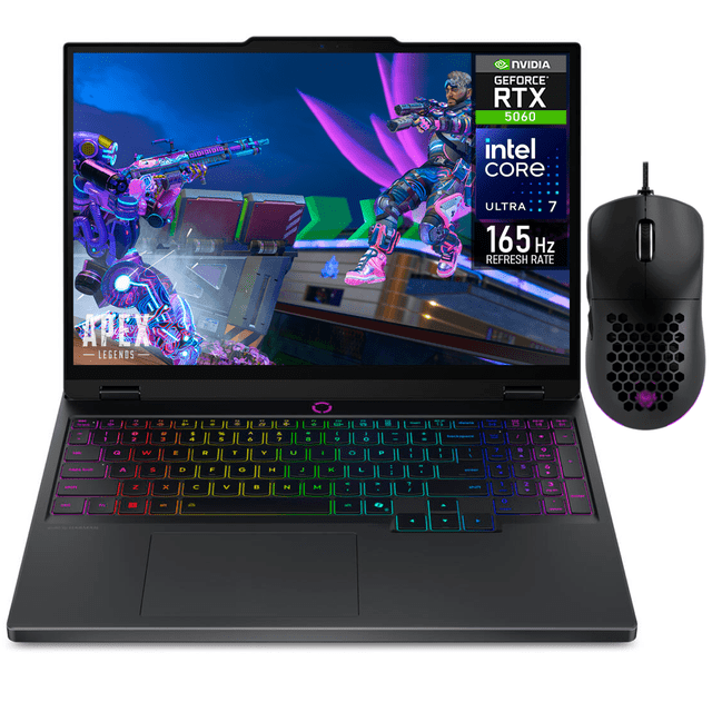laptop gamer lenovo legion 5i geforce rtx 5060 8gb core ultra 7 255hx 32gb ddr5 ssd 1tb 15.1" oled 165hz teclado ingles mouse — Vista frontal centrada de portátil negro con pantalla 15.1" OLED WQXGA mostrando escena de juego, teclado en inglés retroiluminado RGB de 24 zonas, trackpad amplio y mouse negro incluido; diseñada para gaming 2K, multitarea y streaming.