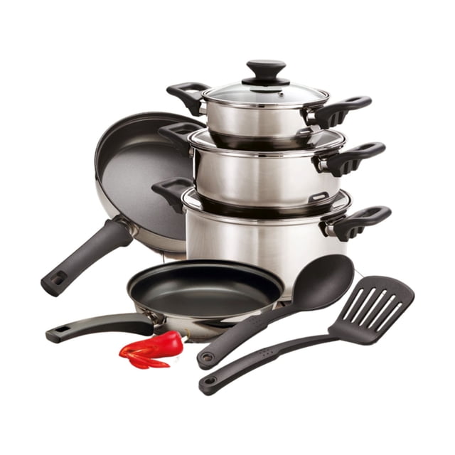batería de cocina tramontina primaware 10 piezas color gris modelo 32300-409 conjunto de ollas y sartenes de acero inoxidable con acabado alto brillo, tres ollas apiladas con tapas de vidrio templado y borde de acero, sartén grande y sartén pequeño con interior antiadherente visible, mangos y asas ergonómicos de baquelita antitérmica en negro, espátula y cuchara de nylon resistentes al calor al frente; también suele usarse para preparar y transportar platos en reuniones pequeñas.
