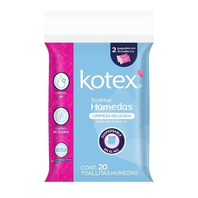 Toallitas húmedas Kotex limpieza delicada 2 paquetes de 10 c/u