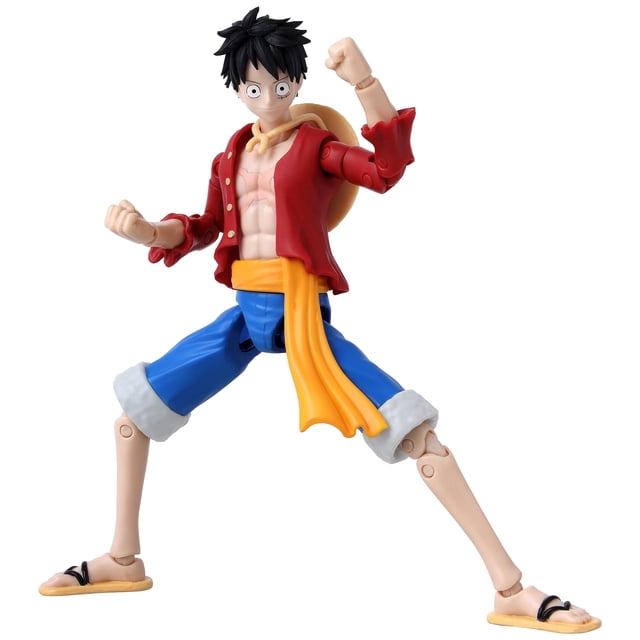 figura de acción anime heroes one piece monkey d. luffy versión renovada, 3/4 frontal en pose de combate; figura articulada de más de 20 puntos, camisa roja abierta con torso musculoso visible, pantalones azules con puños blancos, pañoleta amarilla, sandalias y sombrero de paja en la espalda; incluye manos intercambiables y accesorios, empaque con ilustración inspirada en el manga. Además, su tamaño compacto la hace adecuada para exhibir en estantes de colección.