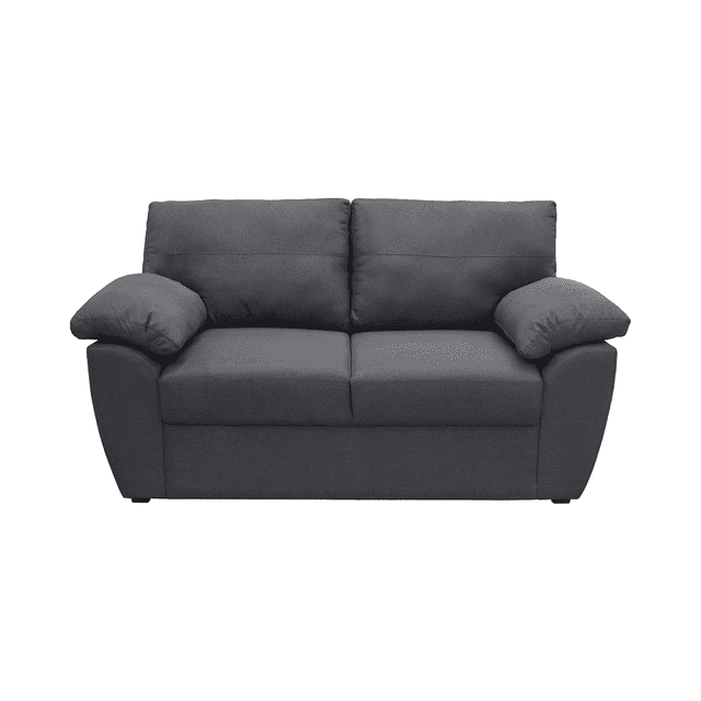 sofá love seat sefora, 2 plazas, atlas del descanso color gris frontal con respaldo dividido y asientos amplios; tapizado en tela linato gris, brazos con almohada y relleno de espuma de alta densidad, silueta contemporánea ideal para sala y visitas; también suele usarse como sofá auxiliar en recámaras pequeñas.