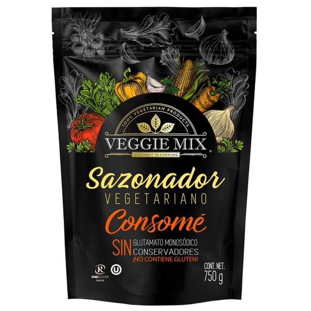 sazonador vegetariano veggie mix consomé 750 g bolsa frontal negra, vista centrada; logo Veggie Mix arriba con ilustración de verduras (tomate, ajo, maíz, zanahoria y hojas) sobre un sello circular, texto grande "Sazonador Vegetariano Consomé" en amarillo y naranja, leyendas visibles: sin conservadores, sin glutamato monosódico, libre de gluten; neto 750 g.