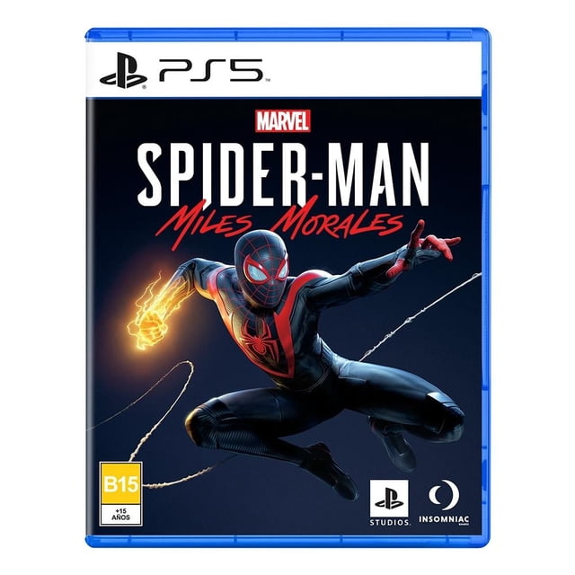 spider man miles morales playstation 5 físico Portada física del juego PS5 con Miles Morales en traje negro y rojo en salto frontal, telaraña desde la mano derecha y efecto bioeléctrico amarillo en la izquierda, fondo oscuro y logotipos de PlayStation y Marvel visibles; aventura de acción.