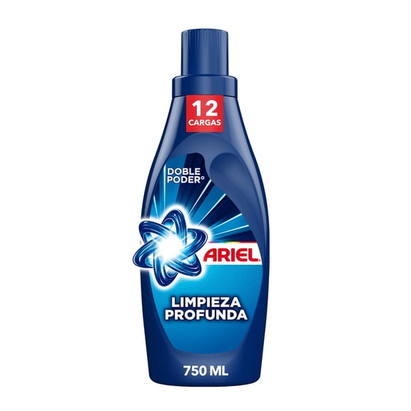 Detergente Líquido Ariel Limpieza Profunda a la Primera 750mL Rinde 50% Más Cargas'