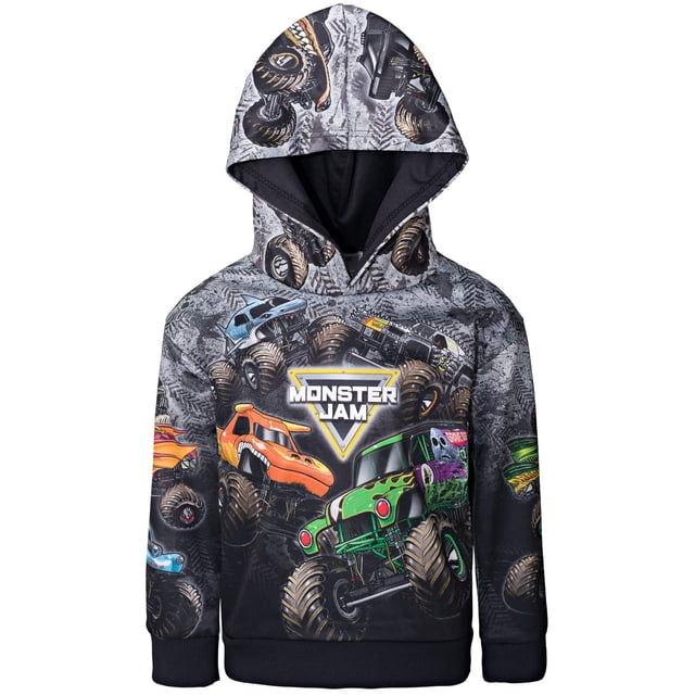 sudadera con capucha monster jam zombie grave digger megalodon para niños de 6 años multicolor, vista frontal centrada con estampado sublimado de los camiones Monster Jam (Grave Digger, Megalodon, Zombie) y logo Monster Jam en el pecho; capucha forrada en negro, cierre de tirar, puños y dobladillo acanalados y bolsillos funcionales.
