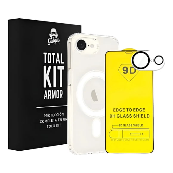 Mr. Gadgets Total Kit Armor Funda Case Transparente Magnética + Mica Pantalla Cristal Templado 9d + Mica Cámara Protector Para iPhone Magsafe Para iPhone 16e.