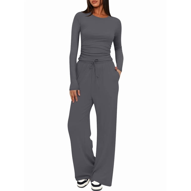 Conjuntos de 2 Piezas para Mujer, Conjuntos de Otoño, Chándales de Larga y Pierna , Conjuntos Casuales para Estar en Casa, Conjuntos A Juego. Gris Oscuro L