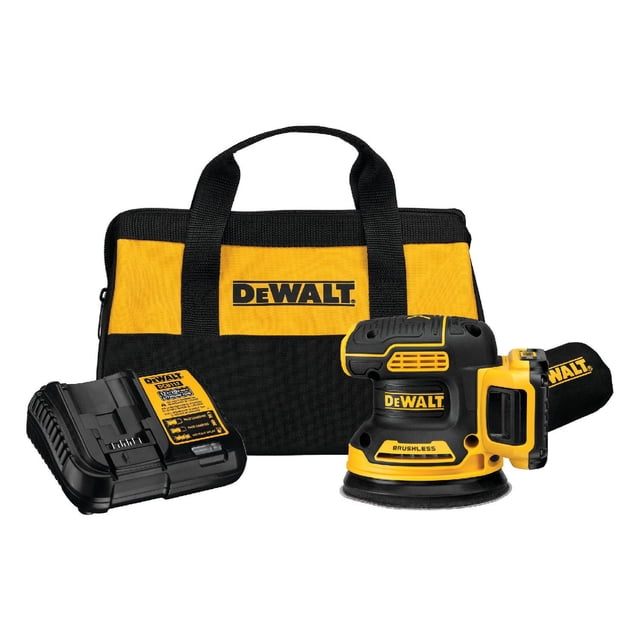 lijadora roto orbital dewalt inalámbrica profesional 5'' kit dewalt dcw210d1 vista frontal de la lijadora DEWALT negra/amarilla con placa de 127 mm, motor sin carbones (brushless), interruptor sellado contra polvo y control de velocidad 8,000–12,000 OPM; incluye batería 20V, cargador, bolsa para polvo y estuche de almacenamiento; también suele usarse para trabajos de acabado en carpintería ligera.
