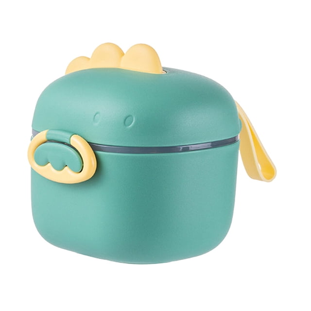 fórmula dispensador de leche en polvo caja de almacenamiento travel formula box baby food envase verde NagediMX — Caja de PP compacta (M 11x10.5x8.5 cm o L 16x10.5x8.5 cm) con tapa curva y junta sellada, cierre frontal amarillo y cucharilla amarilla almacenada en el lateral; relieve decorativo tipo cara y cresta, diseñada para porciones de 5 g, apta para casa y viaje.