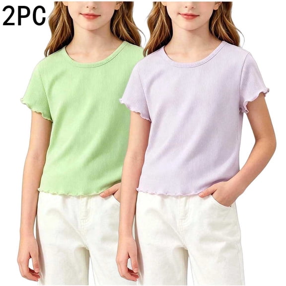 Paquete de 2 Playeras para Niñas, Blusas de Manga Corta con Volantes, Playeras Sueltas Casuales de Color Sólido con Cuello Redondo Moradas 5 Años